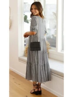 Summer Plaid Short Sleeve Loose Maxi Dress -Women's Clothing Shop P 20220602092548420 903