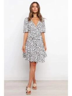 Summer V-Neck Leopard Short Sleeve Dress -Women's Clothing Shop P 20220602095141281 597