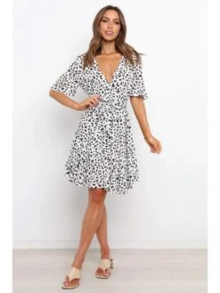 Summer V-Neck Leopard Short Sleeve Dress -Women's Clothing Shop P 20220602095143642 870