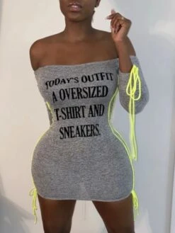 Off The Shoulder Long Sleeve Short Dress -Women's Clothing Shop P 20220602223641261 422