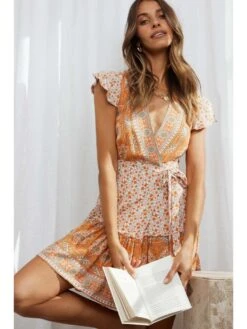 Summer V-Neck Short Sleeve Printed Slim Dress -Women's Clothing Shop P 20220606163845386 541