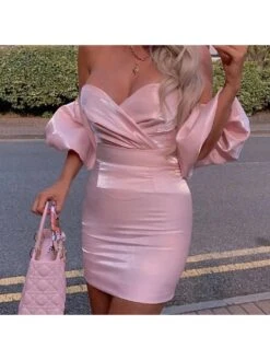 Designer Off The Shoulder Lantern Sleeve Prom Short Dress