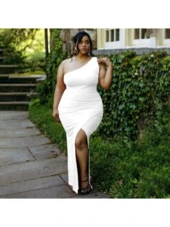 Plus Size One Shoulder Slit Sleeveless Maxi Dress