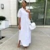 Fashion Solid White Short Sleeve Maxi Shirt Dress -Women's Clothing Shop P 20220614183941267 952