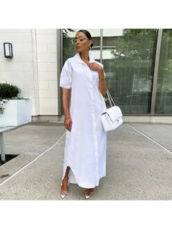 Fashion Solid White Short Sleeve Maxi Shirt Dress