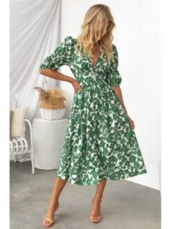 Summer Casual Puff Sleeve Ruched Slit Dress -Women's Clothing Shop P 20220620141247068 691