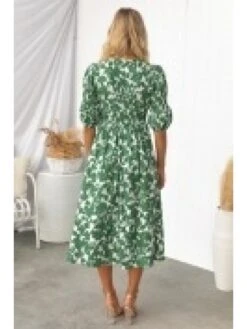 Summer Casual Puff Sleeve Ruched Slit Dress -Women's Clothing Shop P 20220620141251576 766