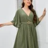Plus Size Pure Color Ruffled Sleeve V Neck Dress -Women's Clothing Shop P 20220621165827146 547