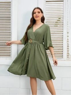 Plus Size Pure Color Ruffled Sleeve V Neck Dress -Women's Clothing Shop P 20220621165831994 277