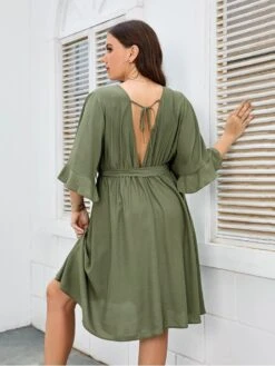 Plus Size Pure Color Ruffled Sleeve V Neck Dress -Women's Clothing Shop P 20220621165834493 777