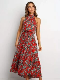 Fashion Flower Printing Halter Sleeveless Women's Dress