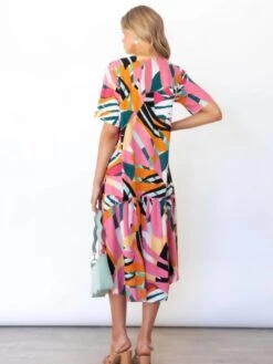 Loose Contrast Color V-Neck Short Sleeve Dress -Women's Clothing Shop P 20220623153047794 429