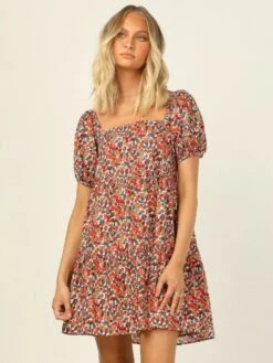Summer Square Neck Puff Sleeve Floral Women's Dress