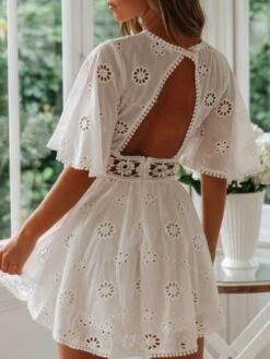 Summer Pure Color Hollowed Out Backless Women's Dress -Women's Clothing Shop P 20220624155151672 563