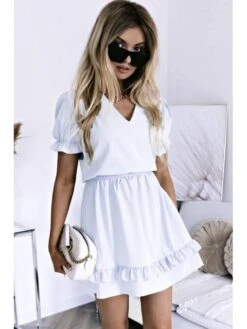 Fashion Pure Color V-Neck Ruffle Short Sleeve Dress