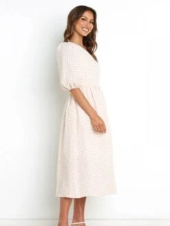 Fashion Puff Sleeve One Shoulder Plaid Dress -Women's Clothing Shop P 20220624160448412 766