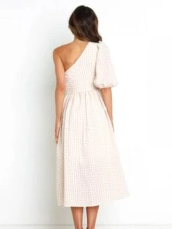 Fashion Puff Sleeve One Shoulder Plaid Dress -Women's Clothing Shop P 20220624160450657 149