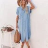 Casual Solid Short Sleeve Midi Shirt Dress -Women's Clothing Shop P 20220629162859932 356