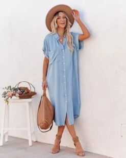 Casual Solid Short Sleeve Midi Shirt Dress