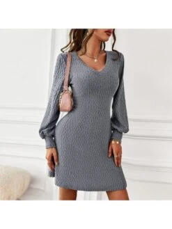 Sexy V-Neck Jacquard Weave Women's Long Sleeve Dress