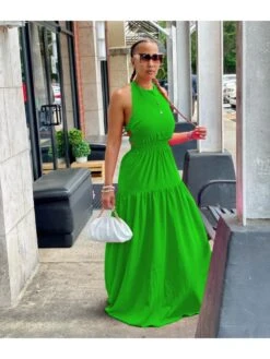Casual Halter Backless Pure Color Women's Long Dress