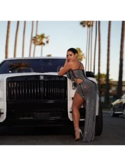 Hot Drilling Cut Out Sexy Black Slit Maxi Dress -Women's Clothing Shop P 20220706140106206 319