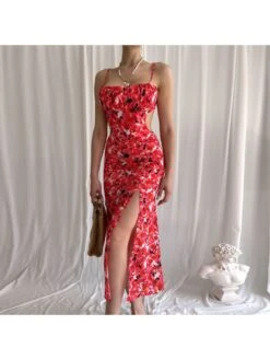 Summer Printing Sleeveless Slit Midi Dress