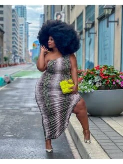 Women's One Shoulder Snake Print Plus Size Dress -Women's Clothing Shop P 20220711201804302 777