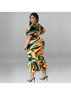 Plus Size Printed Crew Neck Ruffled Short Sleeve Dress -Women's Clothing Shop P 20220718170044622 986