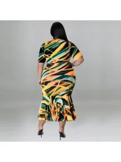 Plus Size Printed Crew Neck Ruffled Short Sleeve Dress -Women's Clothing Shop P 20220718170046959 448