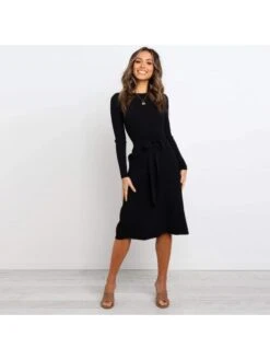 Fall Solid Long Sleeve Slim Dress