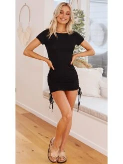 Sexy Knitting Short Sleeve Drawstring Bodycon Dress