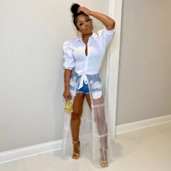 Trendy Solid Color Gauze Patchwork Puff Sleeve Dress -Women's Clothing Shop P 20220812141216746 113