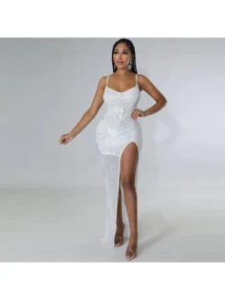 Nightclub Sexy Hot Drilling Spaghetti Straps Maxi Dress