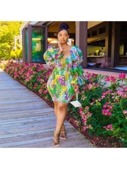 Vintage Square Neck Backless Floral Long Sleeve Dress -Women's Clothing Shop P 20220822133348790 766