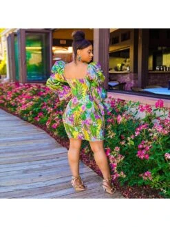 Vintage Square Neck Backless Floral Long Sleeve Dress -Women's Clothing Shop P 20220822133351180 109