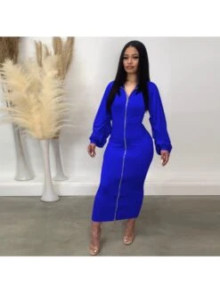 Autumn New Solid Color Zipper Long Sleeve Dress