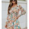 Long Sleeve Square Neck Backless Floral Short Dress