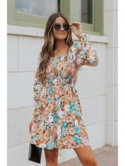 Long Sleeve Square Neck Backless Floral Short Dress -Women's Clothing Shop P 20220825163657742 741