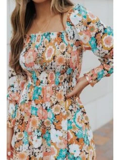 Long Sleeve Square Neck Backless Floral Short Dress -Women's Clothing Shop P 20220825163704736 983