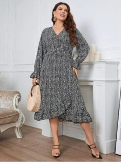Fall Vacation V Neck Plus Size Midi Dress -Women's Clothing Shop P 20220919113355068 325