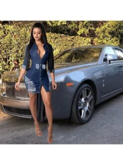 Fashion Pure Color Ripped Women's Denim Dress