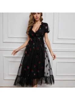 Sweet V Neck Gauze Puff Sleeve Women's Dress -Women's Clothing Shop P 20221024113227085 455