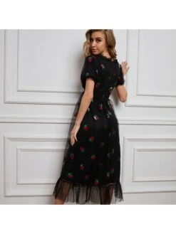 Sweet V Neck Gauze Puff Sleeve Women's Dress -Women's Clothing Shop P 20221024113229499 264