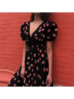 Sweet V Neck Gauze Puff Sleeve Women's Dress -Women's Clothing Shop P 20221024113231884 631