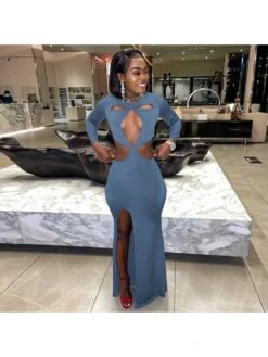 Hollow Out Split Hem Pure Color Long Sleeve Maxi Dress