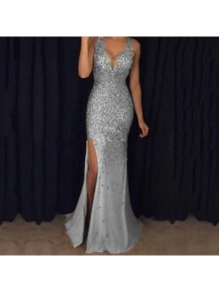 Sexy V Neck Split Hem Ladies Sleeveless Dress