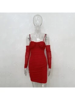 Ladies Backless Ruched Spaghetti Straps Long Sleeve Dress -Women's Clothing Shop P 20221109174200483 305