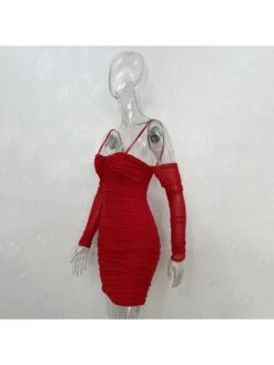 Ladies Backless Ruched Spaghetti Straps Long Sleeve Dress -Women's Clothing Shop P 20221109174202635 849