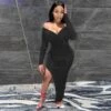 V Neck Split Hem Long Sleeve Long Dress -Women's Clothing Shop P 20221205171805527 869